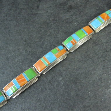 Vintage Southwestern Gemstone Inlay Bracelet Sterling Silver 6.75"