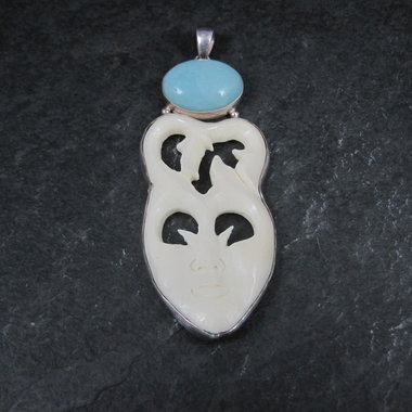 Large Sterling Larimar Bone Face Pendant Unusual Unique