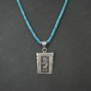 Vintage Navajo Turquoise Opal Kokopelli Pendant on Apatite Bead Necklace Leonard Jim