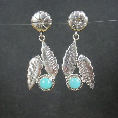 Sterling Silver Floral Feather Earrings Turquoise Glass