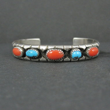 Vintage Navajo Turquoise and Coral Cuff Bracelet Sterling Silver 6.25" Eunice Claw