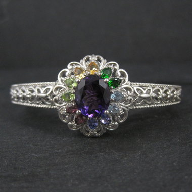 Filigree Gemstone Cuff Bracelet Sterling Silver 6.25" 