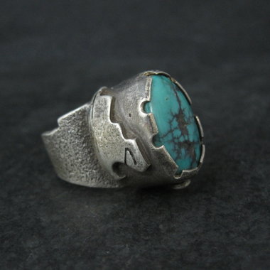 Huge Turquoise Ring Vintage Southwestern Tufa Cast Kewa Jewelry Size 6.5
