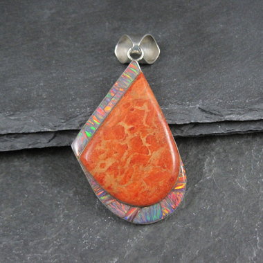 Large Vintage Sponge Coral and Fire Opal Inlay Pendant Zuni Reynetsa Leland 