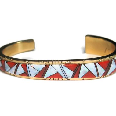 Vintage 14K Coral Opal Inlay Cuff Bracelet 5.75 Inches