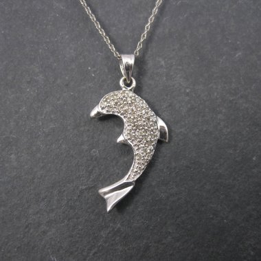 Vintage 10K White Gold Diamond Dolphin Pendant Necklace