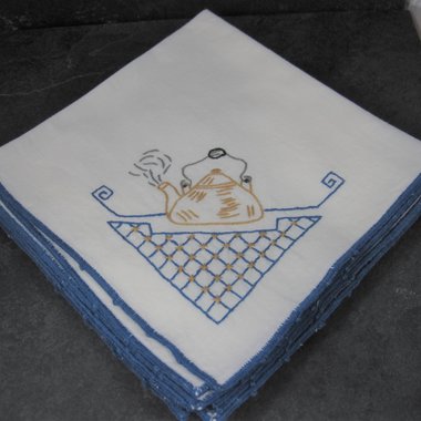 Vintage Hand Embroidered Teapot Napkins Blue White Gold Set of 4