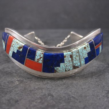 Vintage Navajo Lapis Coral Turquoise Inlay Cuff Bracelet 6 Inches Muskett