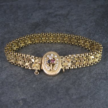 Antique 14K Sapphire Ruby Seed Pearl Bracelet