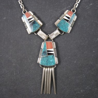 Vintage Navajo Turquoise Inlay Necklace John Charley