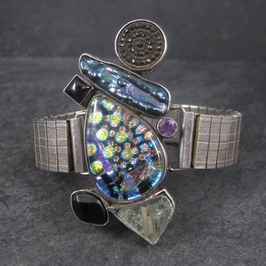Huge Estate Designer Art Glass Gemstone Biwa Pearl Bracelet