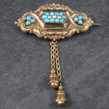 Antique Victorian 14K Turquoise Pearl Brooch Pendant