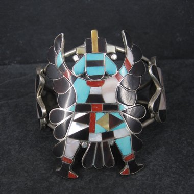 Vintage Zuni Turquoise Coral Inlay Knifewing Cuff Bracelet Annalee Tekala