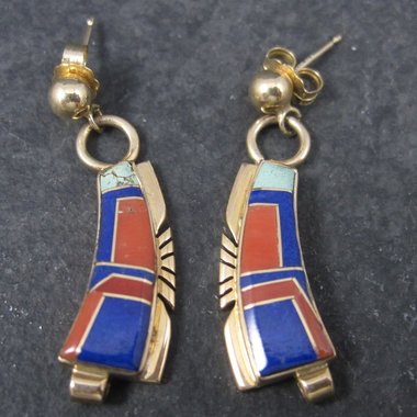Vintage 14K Lapis Lazuli and Coral Inlay Earrings Native American Navajo