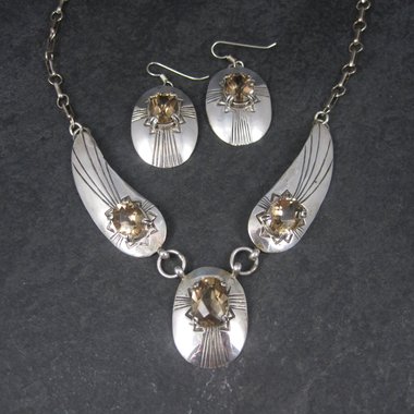 Vintage Southwestern Sterling Citrine Necklace Earrings Jewelry Set