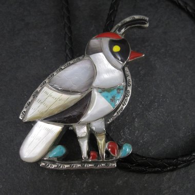 Large Vintage Southwestern Sterling Inlay Quail Bolo Tie