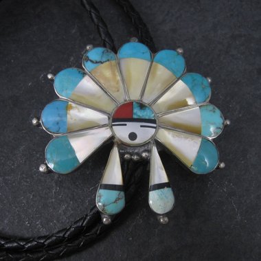 Large Vintage Sterling Turquoise Inlaid Sunface Bolo Tie