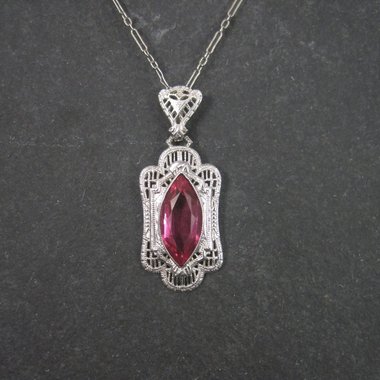 Vintage Deco Style 14K Filigree Pendant Simulated Pink Sapphire Necklace