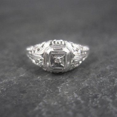 Dainty Antique 10K Filigree Diamond Engagement Ring Size 6