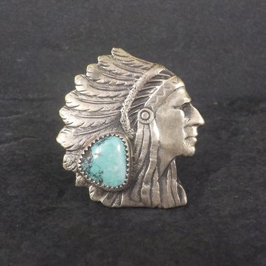 Huge Sterling Turquoise Indian Head Ring Size 7.5