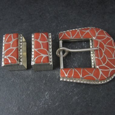 Southwestern Sterling Coral Inlay Belt Buckle Set