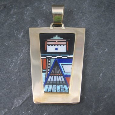 Native American Inlay Pendant Solid 14K Gold Navajo Jerry Nelson Double Sided