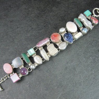 Estate Sterling Gemstone Pearl Toggle Bracelet 7-8 Inches