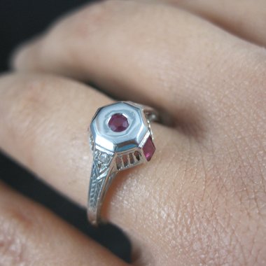 Antique Art Deco 9K Ruby Diamond Engagement Ring Size 6.5