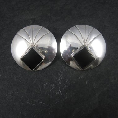 Large Round Vintage Sterling Navajo Onyx Earrings