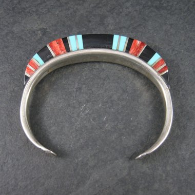 Estate Sterling Zuni Raised Inlay Turquoise Coral Onyx Cuff Bracelet 6 Inches