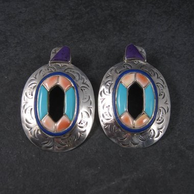 Large Vintage Southwestern Turquoise Spiny Oyster Inlay Earrings