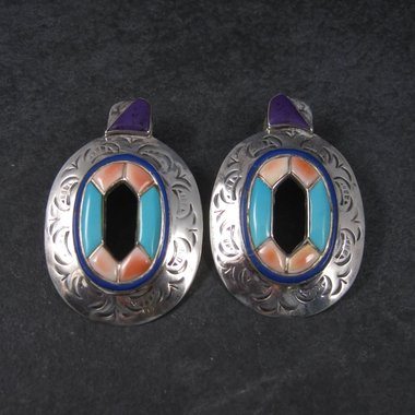 Large Vintage Southwestern Earrings with Turquoise Sugilite and Spiny Oyster Inlay | Bold Sterling Silver Statement Jewelry