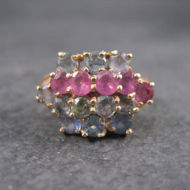 Unusual Vintage 10K Ruby Spinel Topaz Cluster Ring Size 7