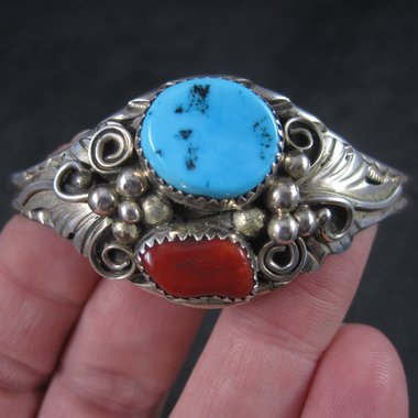 Vintage Navajo Turquoise Coral Cuff Bracelet 6.5 Inches Augustine Largo