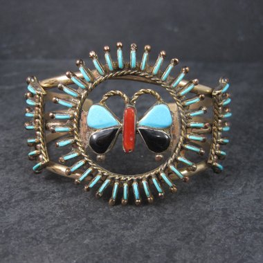 Native American Needlepoint Turquoise Inlay Butterfly Cuff Bracelet 6.25 Inches Paul Lucario