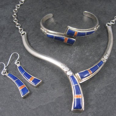 Vintage Southwestern Lapis Coral Inlay Jewelry Set Necklace Cuff Bracelet and Earrings