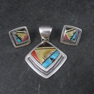 Vintage Southwestern Sterling Inlay Pendant and Earrings Jewelry Set