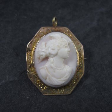Antique 10K Carved Pink Cameo Brooch Pendant