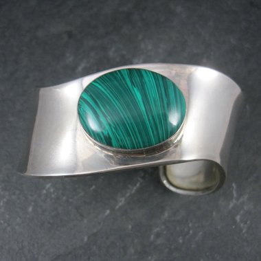 Mexican Sterling Faux Malachite Cuff Bracelet 7 Inches