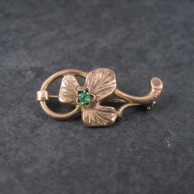 Estate Rose Gold Filled Green Rhinestone Leaf Brooch