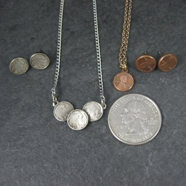 Vintage Buffalo Nickel and Penny Earring and Necklace Jewelry Sets