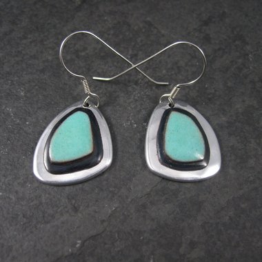 Estate Sterling Black and Turquoise Ceramic Earrings