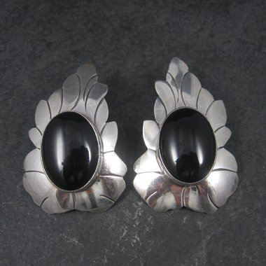 Signed Huge Vintage Southwestern Sterling Onyx Earrings