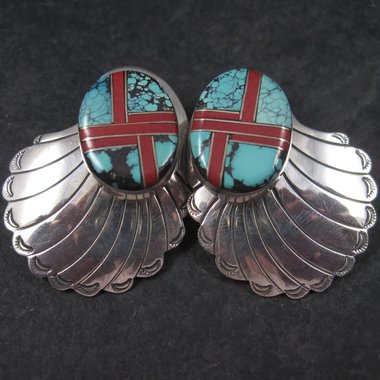 Large Vintage Sterling Navajo Turquoise Coral Inlay Earrings