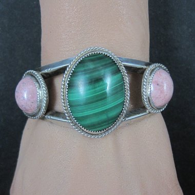 Heavy Southwestern Sterling Malachite Rhodonite Cuff Bracelet 6.25"