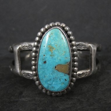 Vintage Turquoise Cuff Bracelet Sterling Silver 6 Inches Hand Stamped Signed