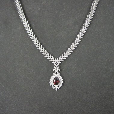 Stunning Estate Sterling Silver Garnet and Cz Necklace