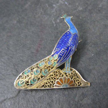 Antique Gold Gilt Silver Enamel Peacock Brooch