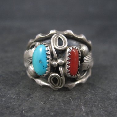 Mens Vintage Navajo Turquoise and Coral Ring Size 13