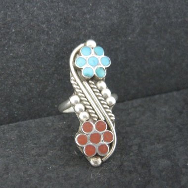 Southwestern Sterling Turquoise Coral Inlay Flower Ring Size 5.5